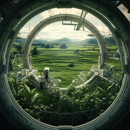 Terraced rice field landscape view through the window of a spaceshipの素材