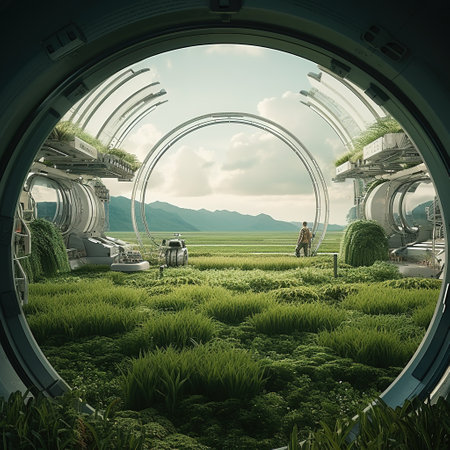 The view from the porthole of the green rice field.の素材