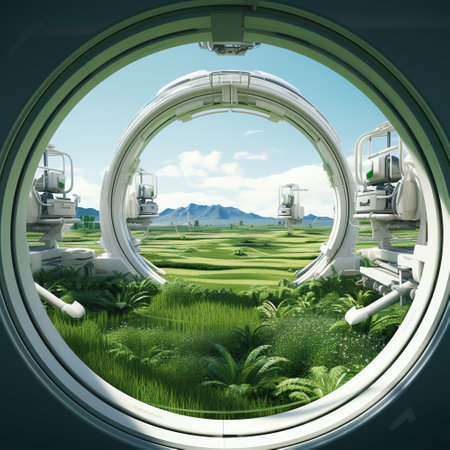 View from the window of a spaceship in the background of the green fieldの素材