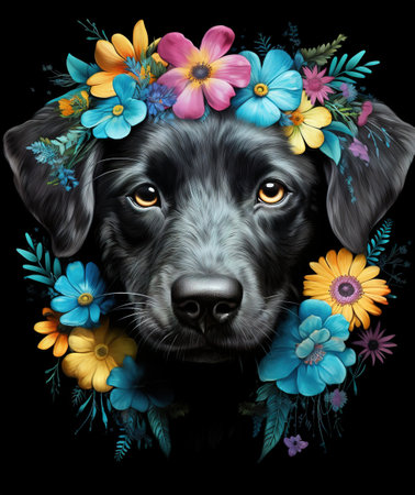 Portrait of a dog with a wreath of flowers on a black backgroundの素材