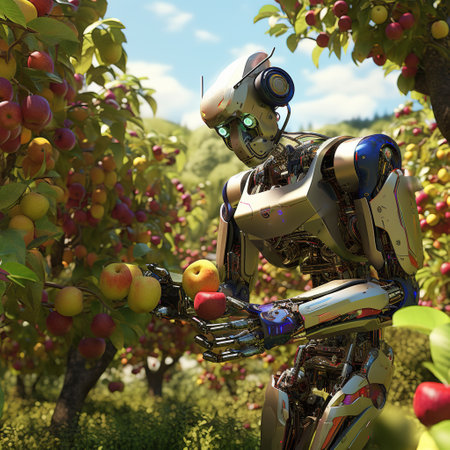 Robot in apple orchard. 3d render. Robot in apple orchardの素材