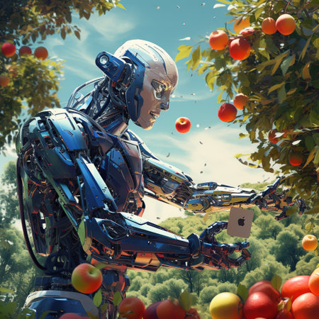 Robot playing with fruits in the garden. 3d rendering.の素材