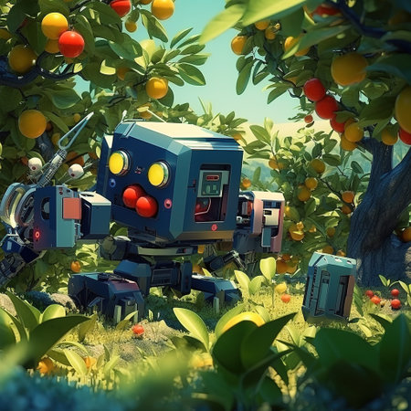 3D render of a robot in an orange garden with fruit treesの素材