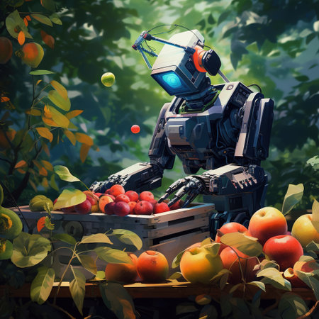 Robot in the garden with apples and plums. 3d renderingの素材