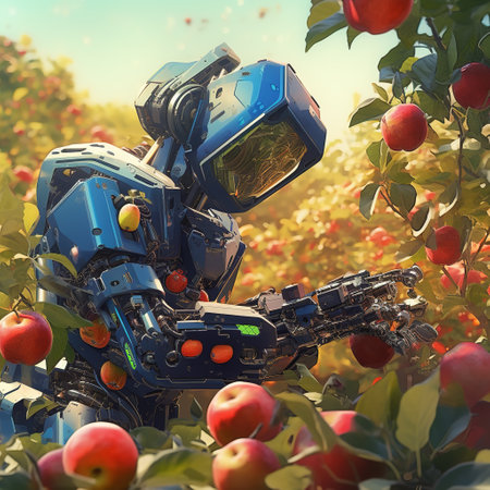 3d rendering of a robot in an apple orchard with ripe applesの素材