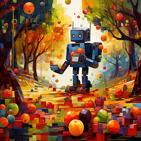 Vector illustration of a robot in a city park. Colorful background.の素材