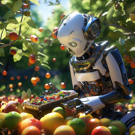 robot with colorful fruits in the garden. 3d illustration.の素材