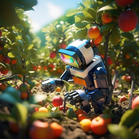 A toy robot collects apples in the garden.の素材