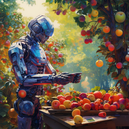 3d rendering of a robot in an apple orchard with fruitsの素材