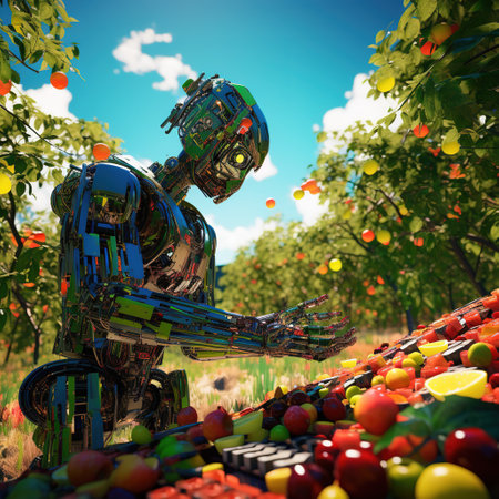 3d rendering of a robot in an apple orchard with fruitsの素材