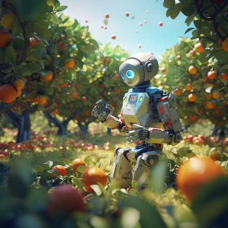 3d rendering of a robot in an orange orchard with fruitsの素材