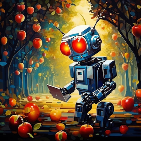 robot with a laptop in the autumn forest. vector illustration.の素材