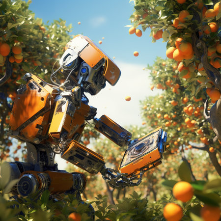 Vintage robot in orange orchard. Concept of artificial intelligence.の素材