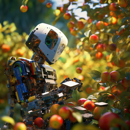 3D rendering of a robot in an apple orchard with applesの素材