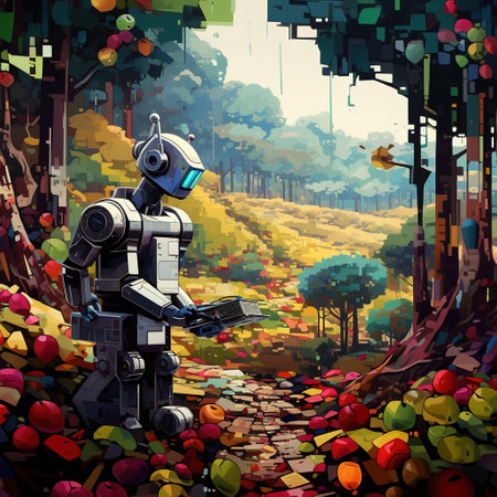 Robot in the forest. Digital painting. 3D illustration.の素材