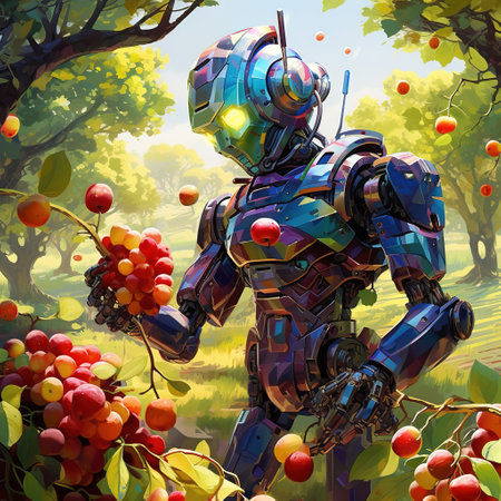 Digital painting of a robot holding a bunch of apples in the gardenの素材