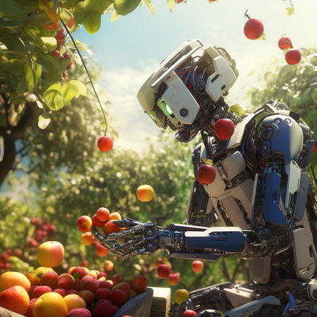 robot in the apple orchard with apples. 3d renderingの素材
