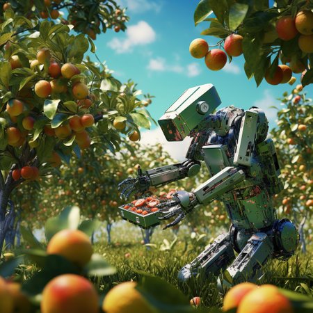 3d render of a robot working in an orchard with orangesの素材
