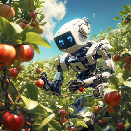 Robot on the apple tree in the garden. 3d renderingの素材