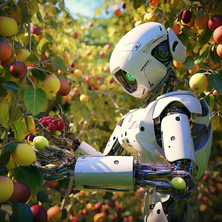 3d rendering of a robot in an apple orchard with applesの素材