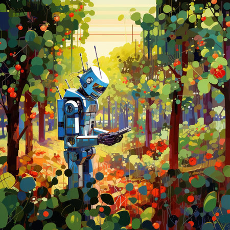 Vector illustration of a robot in the forest on a background of treesの素材