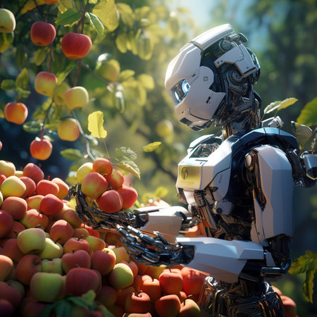 Robot and apples in the garden. 3d rendering. Robot and applesの素材