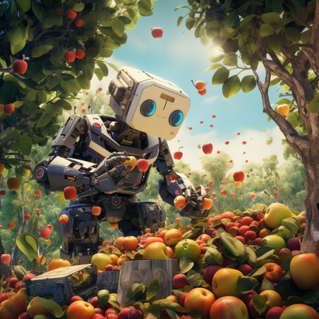 Robot and apples in the apple orchard. 3d illustrationの素材