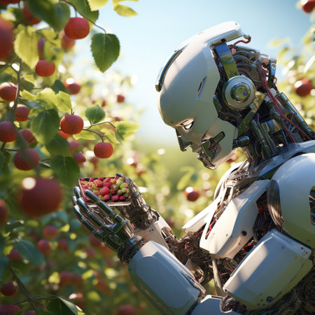 Robot in apple orchard picking ripe fruits from the tree.の素材