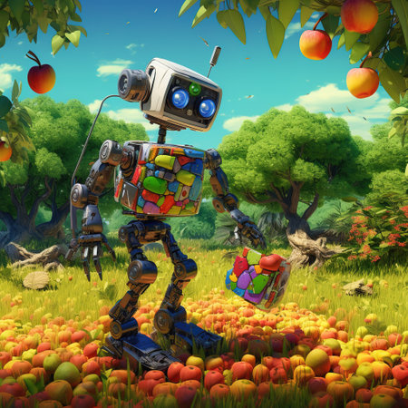 Robot in the apple garden - 3D illustration. Cartoon styleの素材