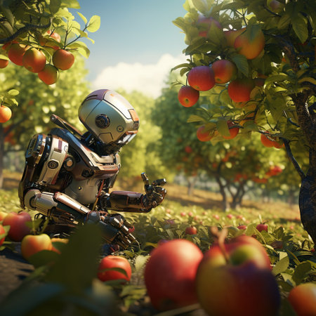 3d rendering of a robot in an apple orchard with applesの素材