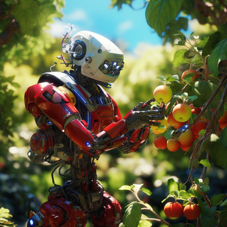 Close-up of a robot against the background of an apple tree.の素材