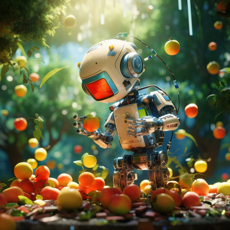 Robot with fruits in the garden. Artificial intelligence concept. 3d rendering.の素材