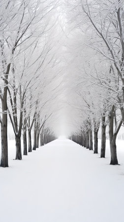 Snowy alley in a park with trees in the background, winter landscapeの素材