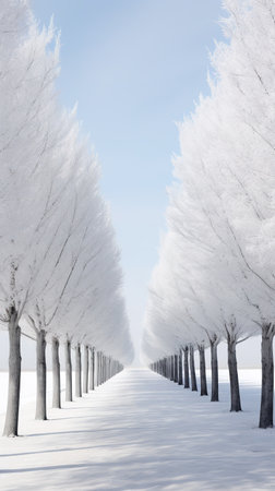 Row of trees covered with hoarfrost and snow in a winter landscapeの素材