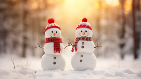Two snowman in red hats and scarves standing in the winter forest.の素材
