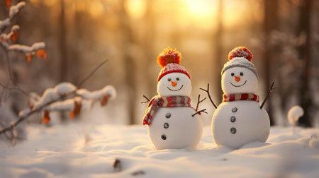 Two funny snowmen in the winter forest at sunset. Christmas and New Year concept.の素材