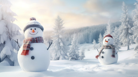 Two snowman in the winter forest. Christmas and New Year concept.の素材
