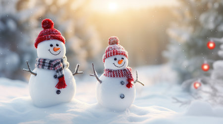 Two snowmen in red hats and scarves standing in the snow. Christmas backgroundの素材