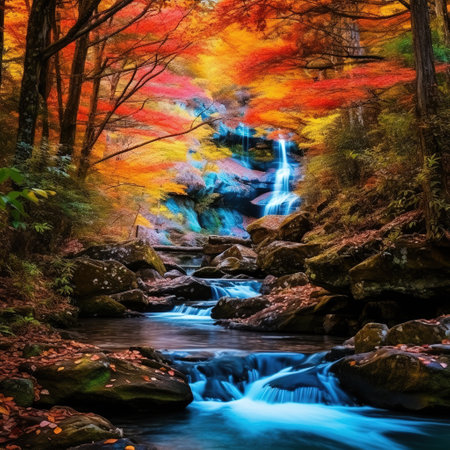 Beautiful waterfall in autumn forest. Colorful autumn forest waterfall.の素材