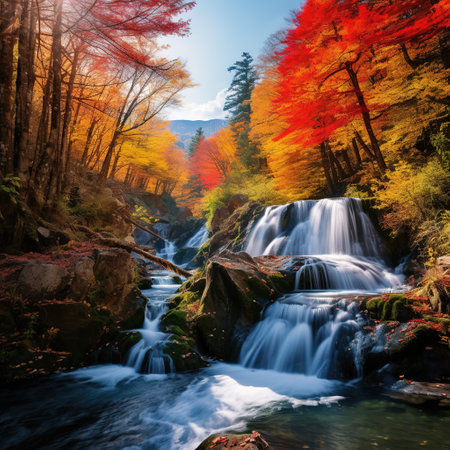 Waterfall in autumn forest. Colorful autumn forest with waterfall.の素材