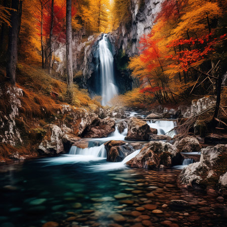 Autumn landscape with a waterfall in the forest. Colorful autumn forest with a waterfallの素材