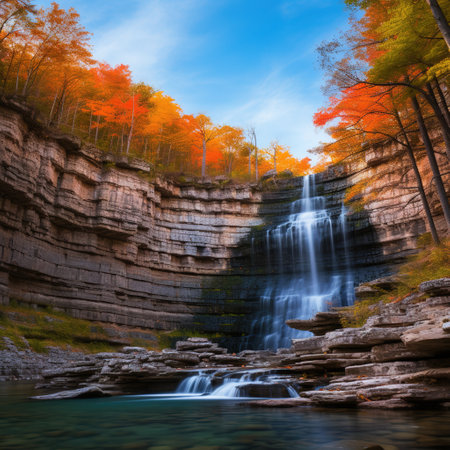 Autumn landscape with waterfall in the forest. Colorful fall scene.の素材