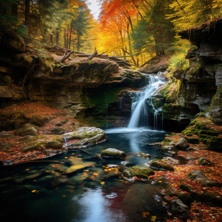 Autumn waterfall in the forest. Colorful autumn landscape with a waterfall.の素材