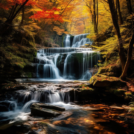 Beautiful waterfall in autumn forest. Colorful autumn forest landscape.の素材