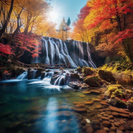Autumn forest waterfall with colorful trees and stream. Nature background.の素材