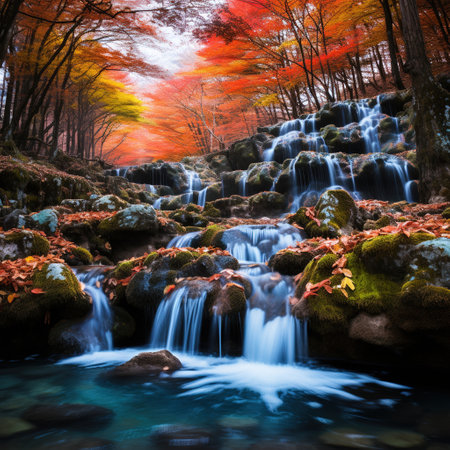 Beautiful autumn forest waterfall in the mountains. Colorful autumn landscape.の素材