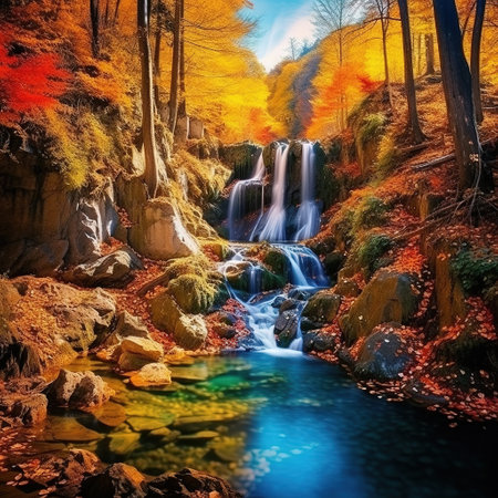 Autumn waterfall in the forest. Colorful autumn landscape with waterfall.の素材