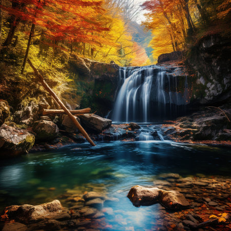 Autumn waterfall in the forest. Colorful autumn landscape with a waterfall.の素材