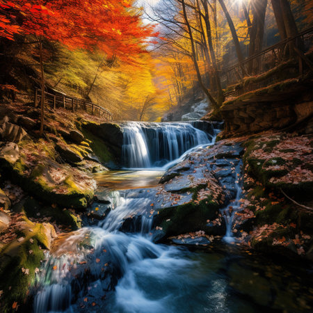 Autumn waterfall in the forest. Colorful autumn forest landscape.の素材