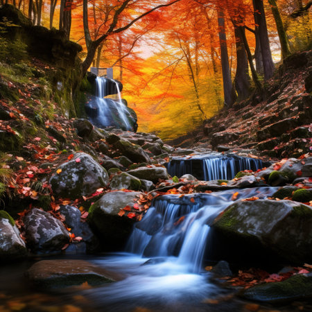 Autumn landscape with a waterfall in the forest. Colorful autumn forest.の素材